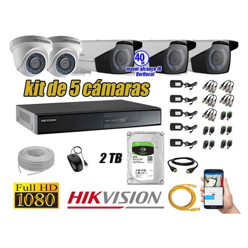 Kit 5 Cámaras de Seguridad Hikvision Full Hd 1080P mas Disco 2Tb Mayor Alcance Varifocal Ip66