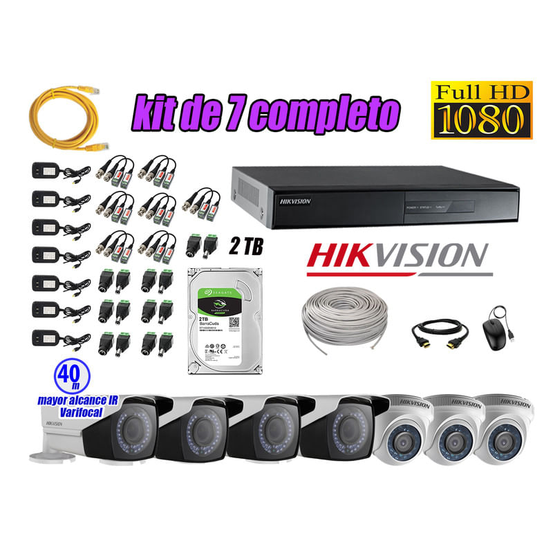 Kit 7 Cámaras de Seguridad Hikvision Full Hd 1080P mas Disco 2Tb Mayor Alcance Varifocal
