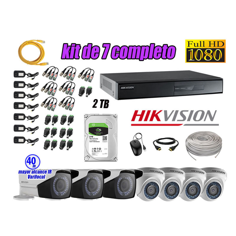 Kit 7 Cámaras de Seguridad Hikvision Full Hd 1080P mas Disco 2Tb P2p Mayor Alcance Varifocal Ip66