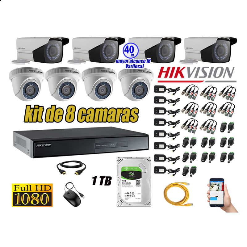 Kit 8 Cámaras de Seguridad Hikvision Full Hd 1080P Disco 1Tb Mayor Alcance Varifocal