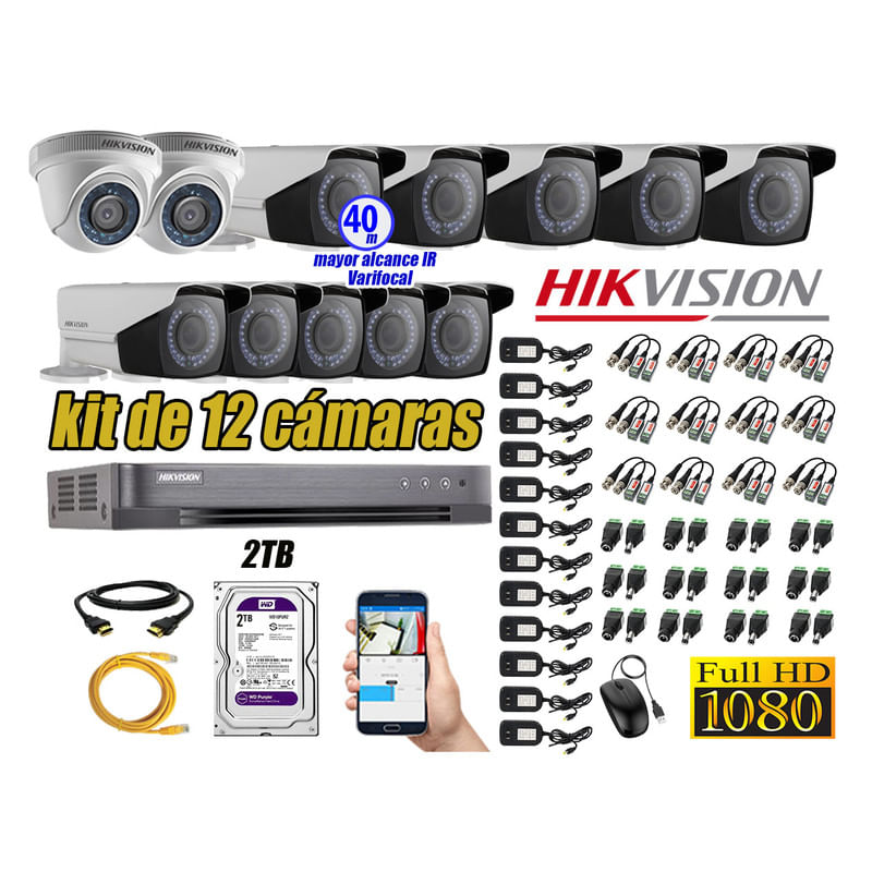 Kit 12 Cámaras de Seguridad Hikvision Full Hd 1080P mas Disco 2Tb Mayor Alcance Varifocal