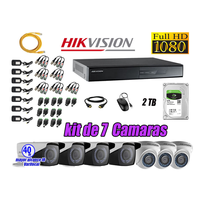 Kit 7 Cámaras de Seguridad Hikvision Full Hd 1080P mas Disco 2Tb Mayor Alcance Varifocal Ip66