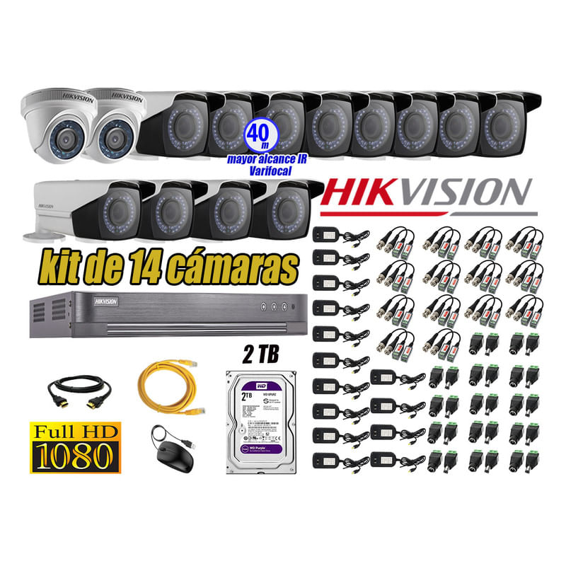 Kit 14 Cámaras de Seguridad Hikvision Full Hd 1080P mas Disco 2Tb Mayor Alcance Varifocal