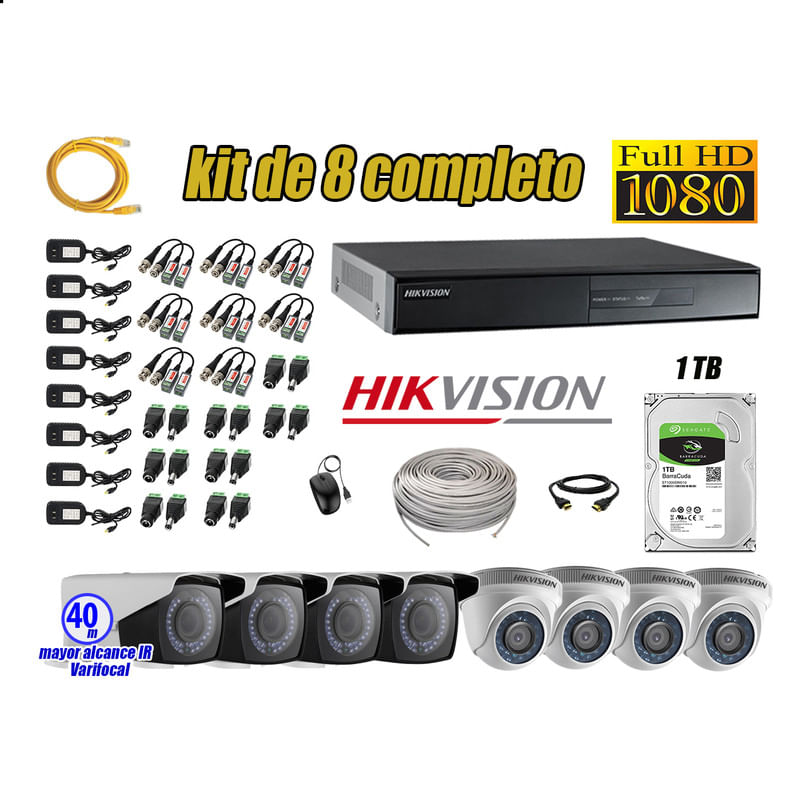 Kit 8 Cámaras de Seguridad Hikvision Full Hd 1080P Disco 1Tb Mayor Alcance Varifocal P2p