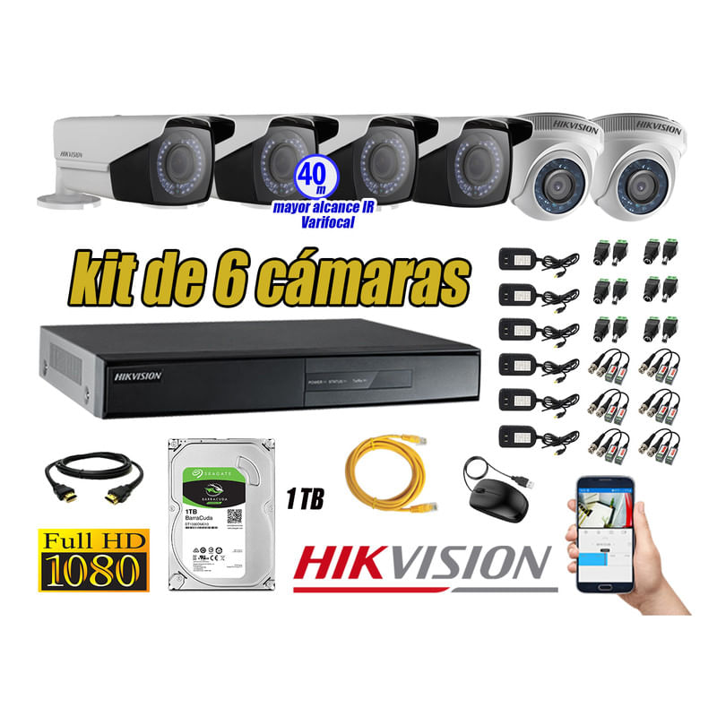 Kit 6 Cámaras de Seguridad Hikvision Full Hd 1080P mas Disco 1Tb Mayor Alcance Varifocal Ip66