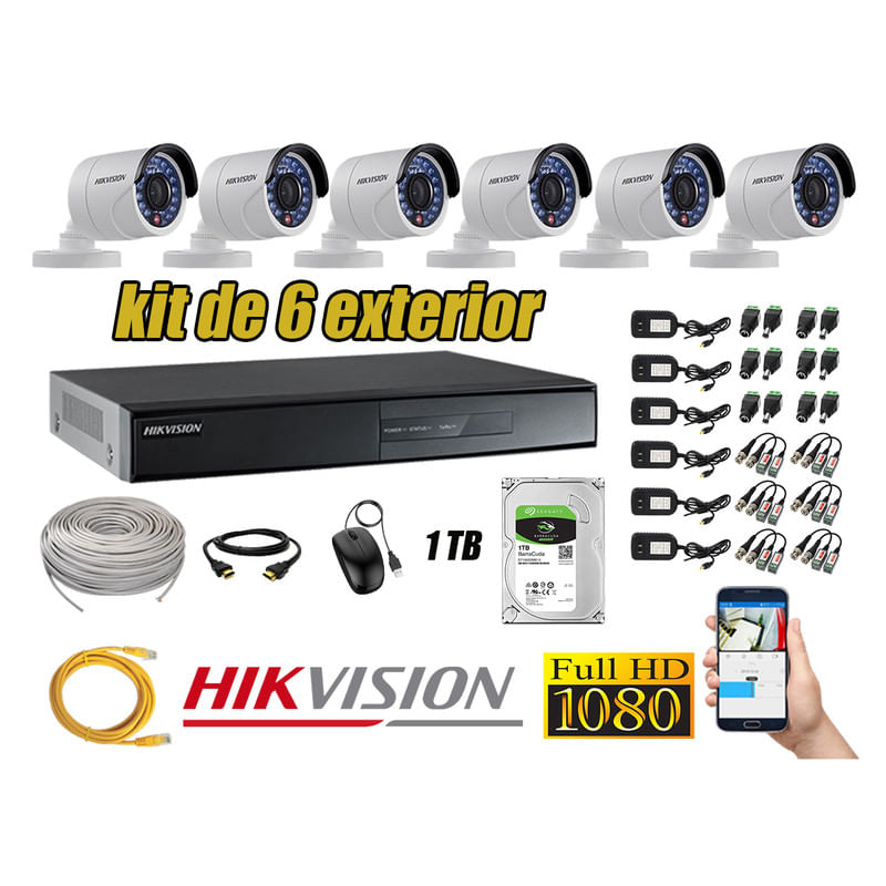 Kit 6 Cámaras de Seguridad Exterior Hikvision Full Hd 1080P mas Disco 1Tb