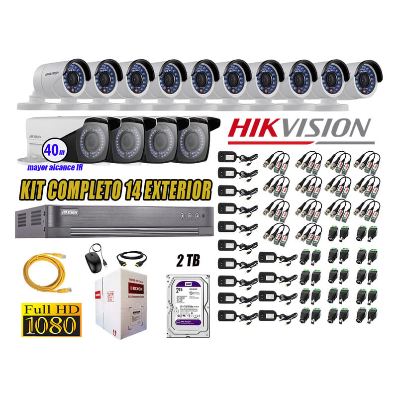 Kit 14 Cámaras de Seguridad Exterior Varifocal Hikvision Full Hd 1080P mas Disco 2Tb Wd