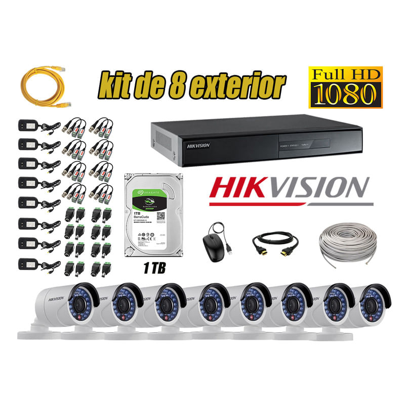 Kit 8 Cámaras de Seguridad Exterior Hikvision Full Hd 1080P mas Disco 1Tb