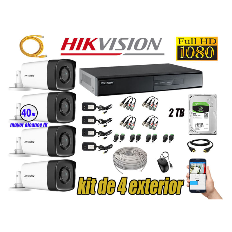 Kit 4 Cámaras de Seguridad Exterior It3F Hikvision Full Hd 1080P P2p mas Disco 2Tb Wd
