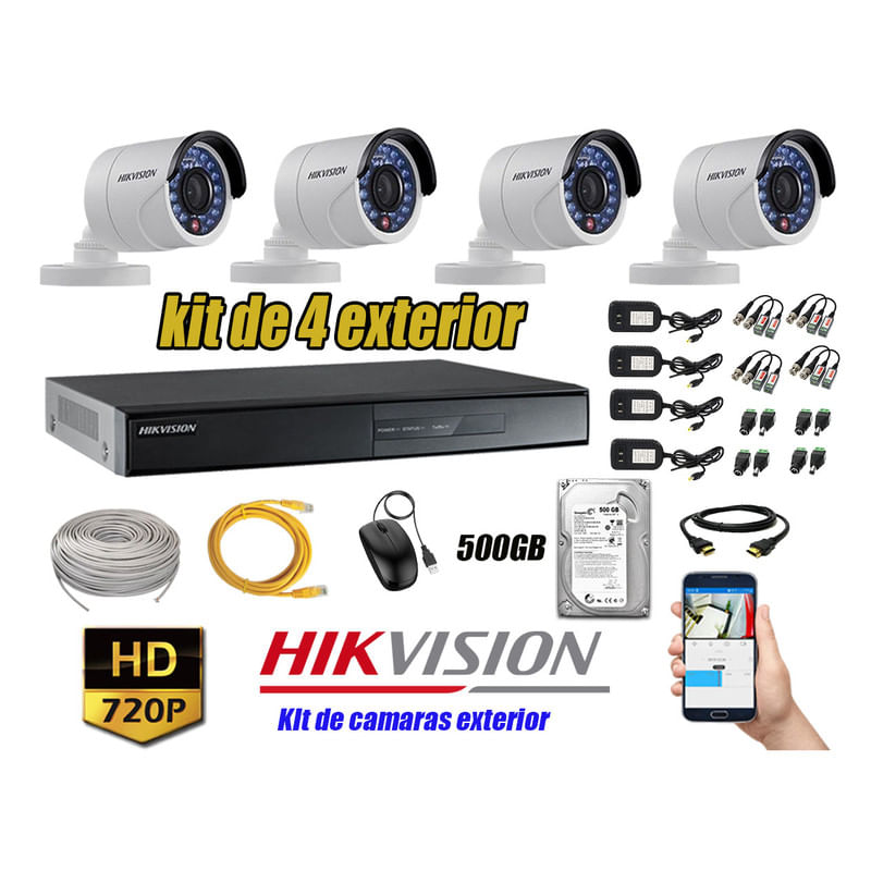 Kit 4 Cámaras de Seguridad Exterior Hikvision Hd 720P Disco 500Gb