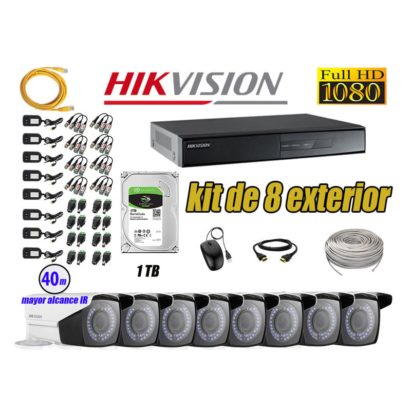 Kit 8 Cámaras de Seguridad Exterior Varifocal Hikvision Full Hd 1080P Disco 1Tb Wd P2p