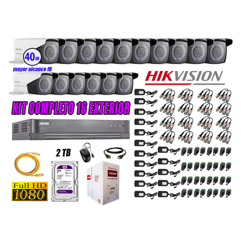 Kit 16 Cámaras de Seguridad Exterior Varifocal Hikvision Full Hd 1080P mas Disco 2Tb Wd Hdmi