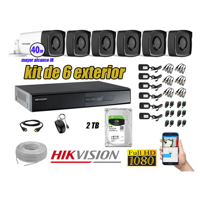Kit 6 Cámaras de Seguridad Exterior It3F Hikvision Full Hd 1080P mas Disco 2Tb Hdmi
