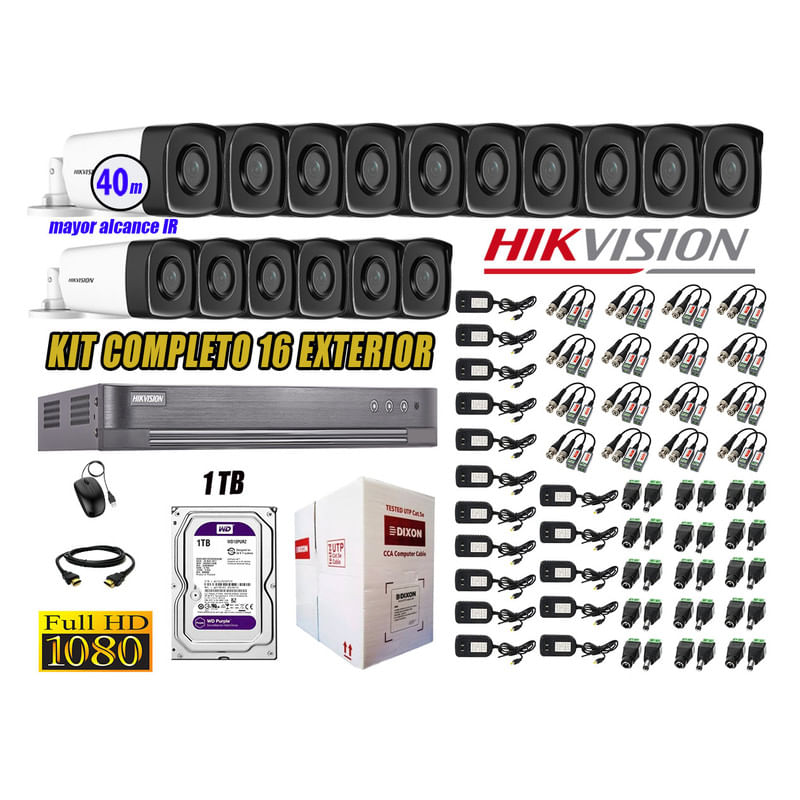 Kit 16 Cámaras de Seguridad Exterior It3F Hikvision Full Hd 1080P Disco 1Tb Wd P2p