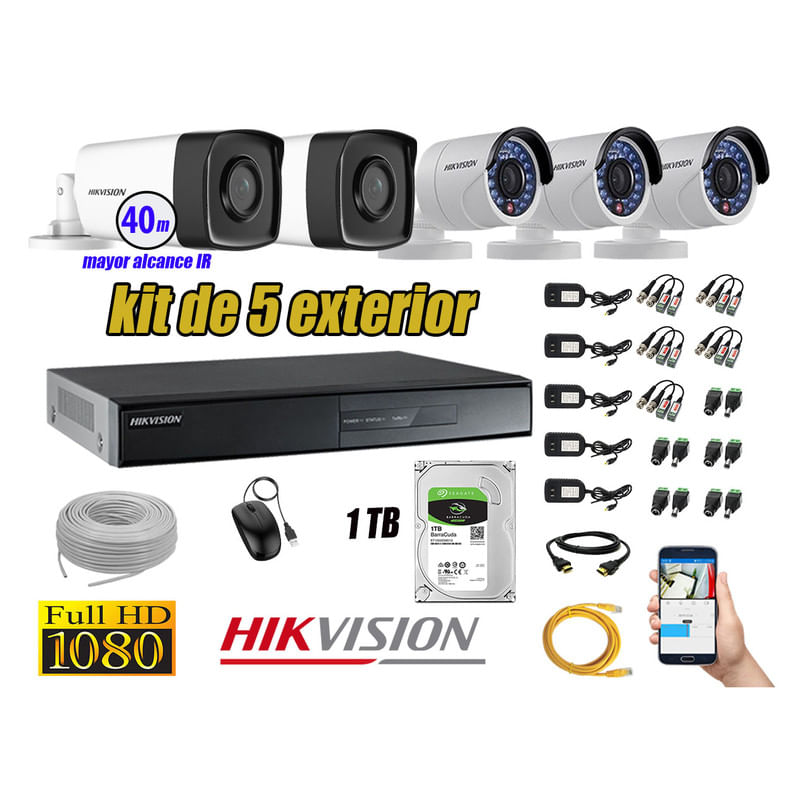 Kit 5 Cámaras de Seguridad Exterior It3F Hikvision Full Hd 1080P Disco 1Tb P2P