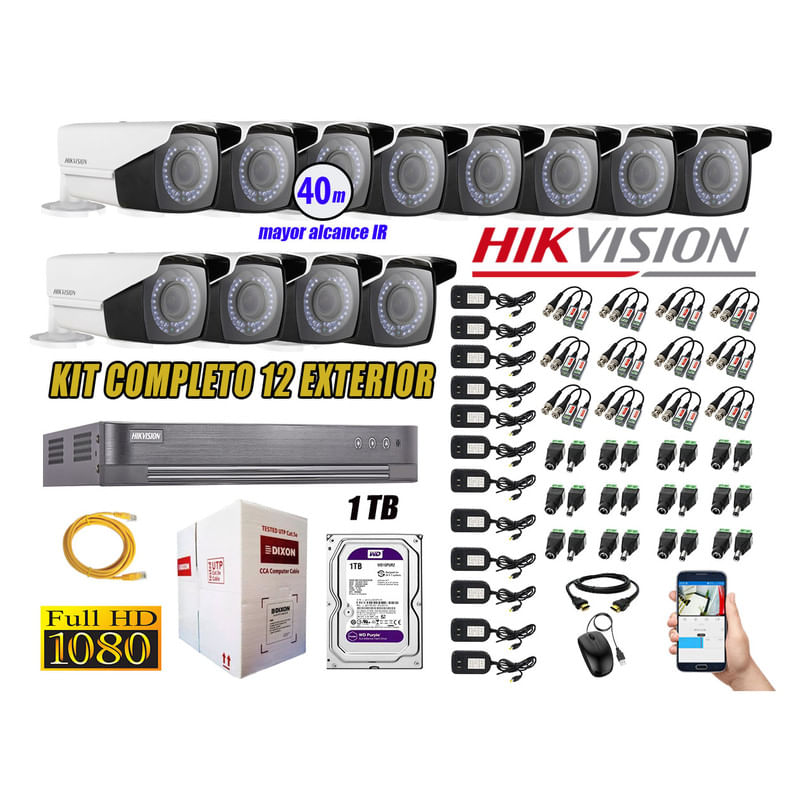 Kit 12 Cámaras de Seguridad Exterior Varifocal Hikvision Full Hd 1080P P2p Disco 1Tb Wd