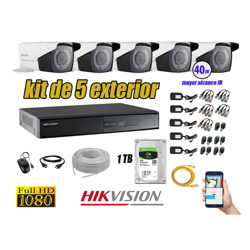Kit 5 Cámaras de Seguridad Exterior Varifocal Hikvision Full Hd 1080P mas Disco 1Tb Hdmi