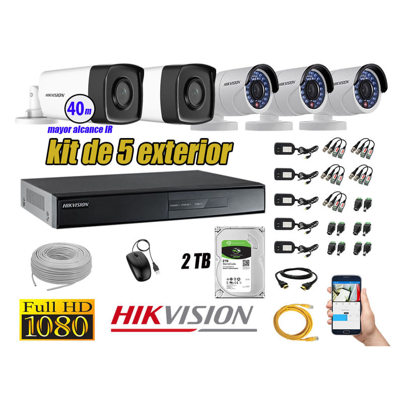 Kit 5 Cámaras de Seguridad Exterior It3F Hikvision Full Hd 1080P Disco 2Tb P2P