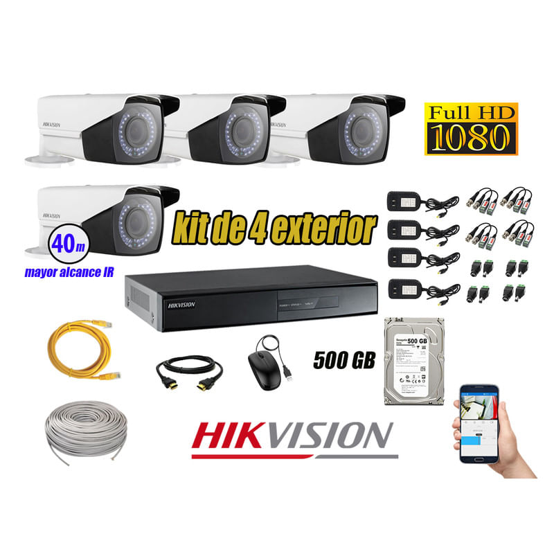 Kit 4 Cámaras de Seguridad Exterior Varifocal Hikvision Full Hd 1080P mas 500Gb P2P