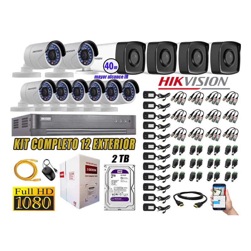 Kit 12 Cámaras de Seguridad Exterior It3F Hikvision Full Hd 1080P Disco 2Tb Wd