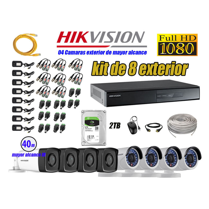 Kit 8 Cámaras de Seguridad Exterior It3F Hikvision Full Hd 1080P Disco 2Tb Wd
