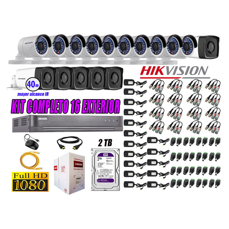 Kit 16 Cámaras de Seguridad Exterior It3F Hikvision Full Hd 1080P mas Disco 2Tb Wd P2p
