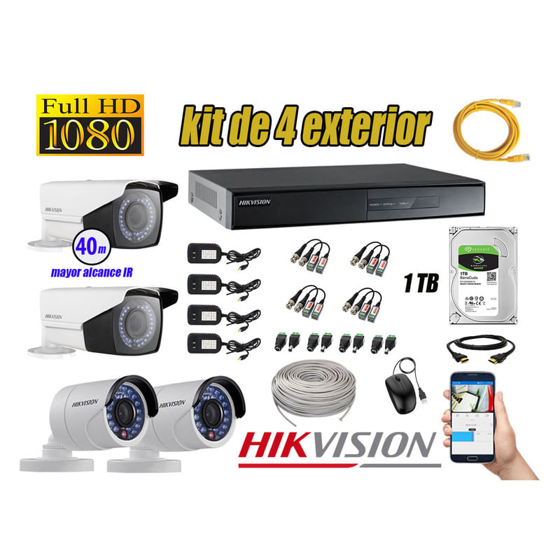 Kit 4 Cámaras de Seguridad Exterior Varifocal Hikvision Full Hd 1080P mas Disco 1Tb Wd