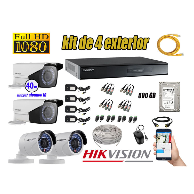 Kit 4 Cámaras de Seguridad Exterior Varifocal Hikvision Full Hd 1080P mas Disco 500Gb P2P