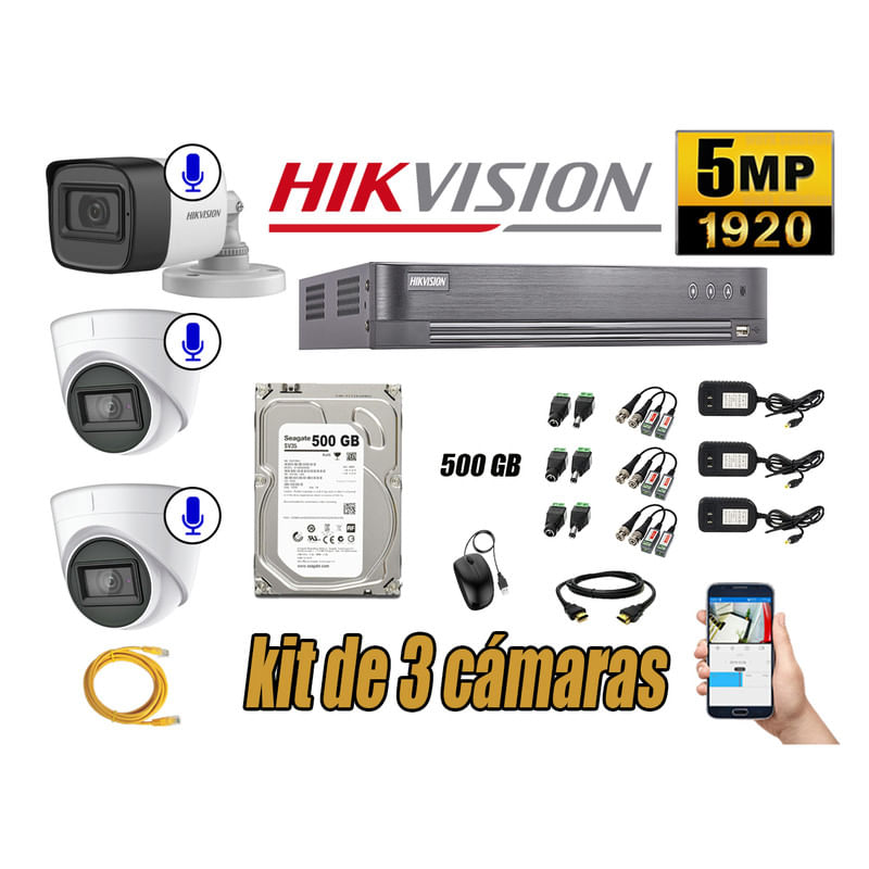 Kit 3 Cámaras de Seguridad Hikvision 5Mp P2p Audio Incorporado Completo