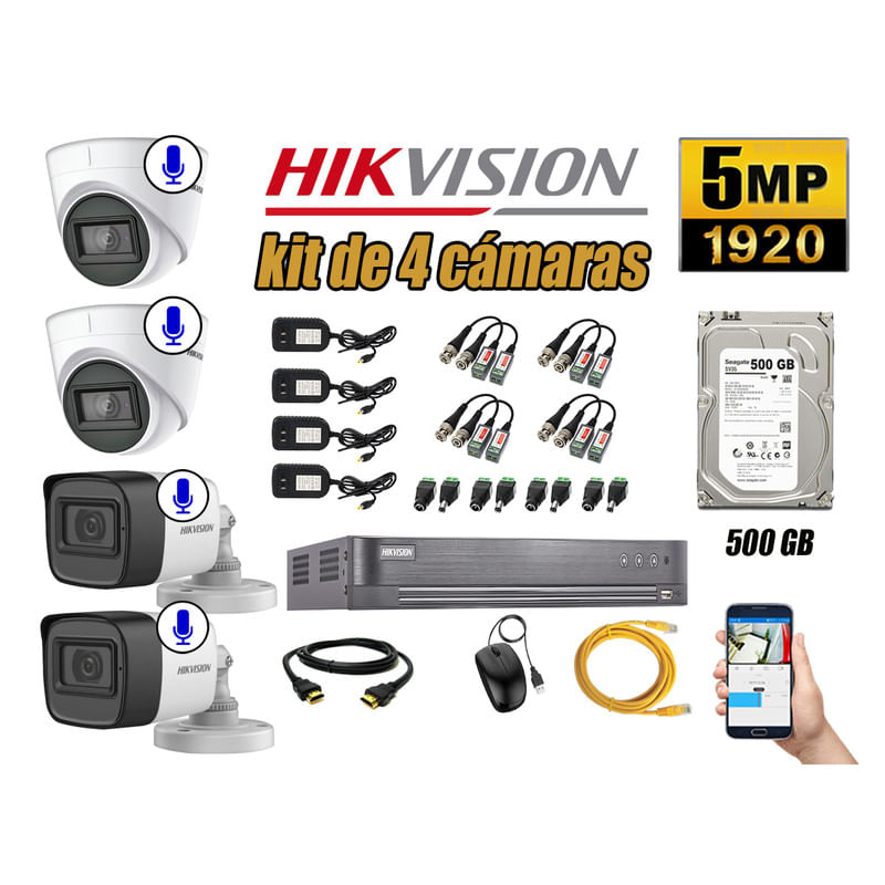 Kit 4 Cámaras de Seguridad Hikvision 5Mp Audio Incorporado Completo