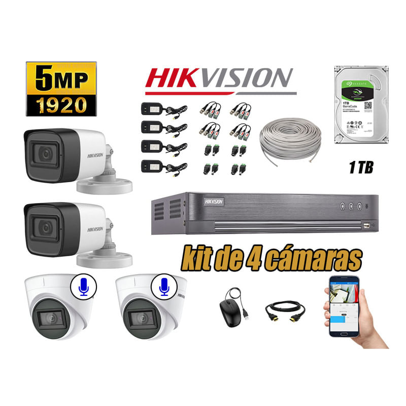 Kit 4 Cámaras de Seguridad Hikvision 5Mp Mas 2 Cámaras Audio Incorporado