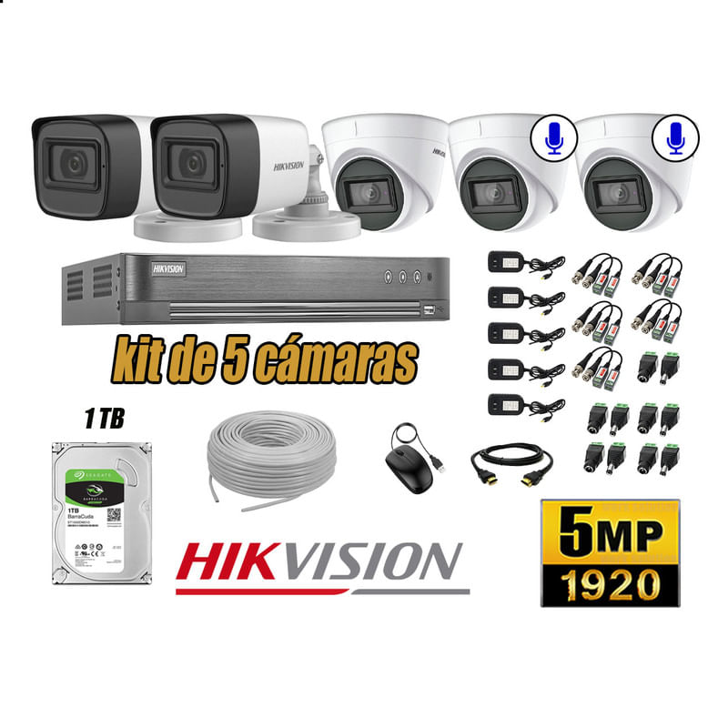 Kit 5 Cámaras de Seguridad Hikvision 5Mp 02 Cámaras Audio Incorporado P2p