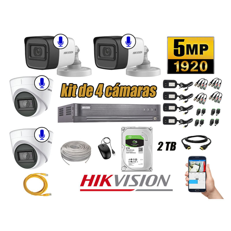 Kit 4 Cámaras de Seguridad Hikvision 5Mp Audio Incorporado Completo Hdmi