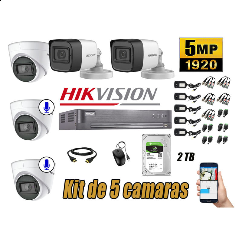 Kit 5 Cámaras de Seguridad Hikvision 5Mp 02 Cámaras Audio Incorporado