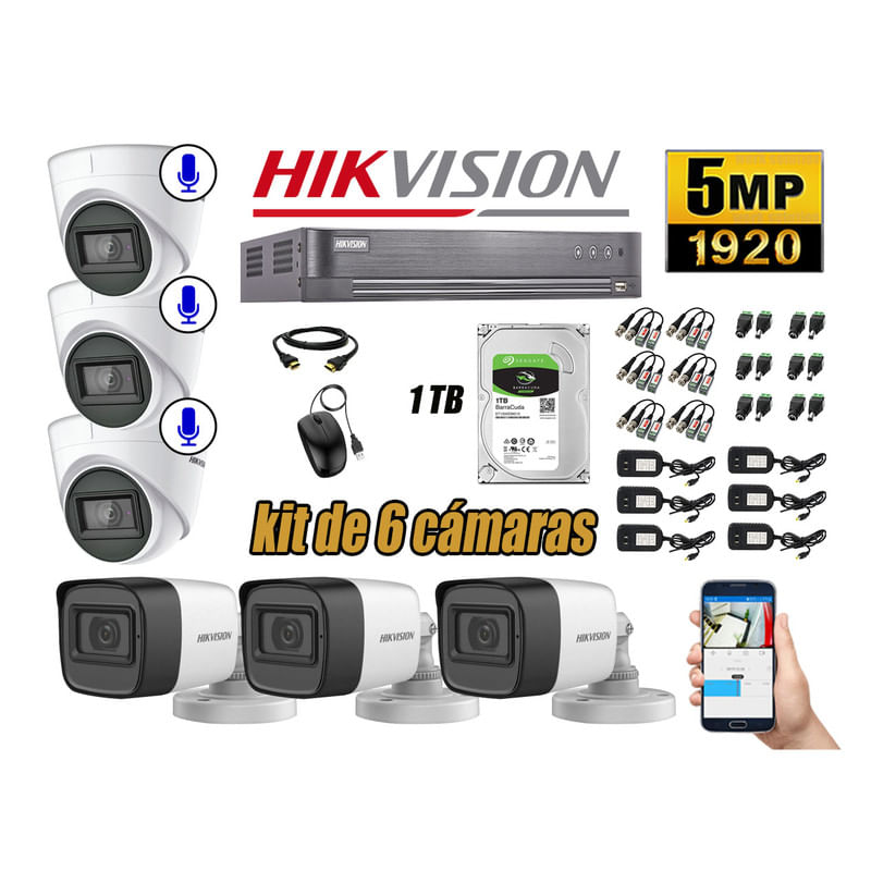 Kit 6 Cámaras de Seguridad Hikvision 5Mp 3 Cámaras Audio Incorporado Hdmi