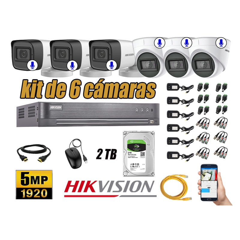 Kit 6 Cámaras de Seguridad Hikvision 5Mp Audio Incorporado Completo P2P