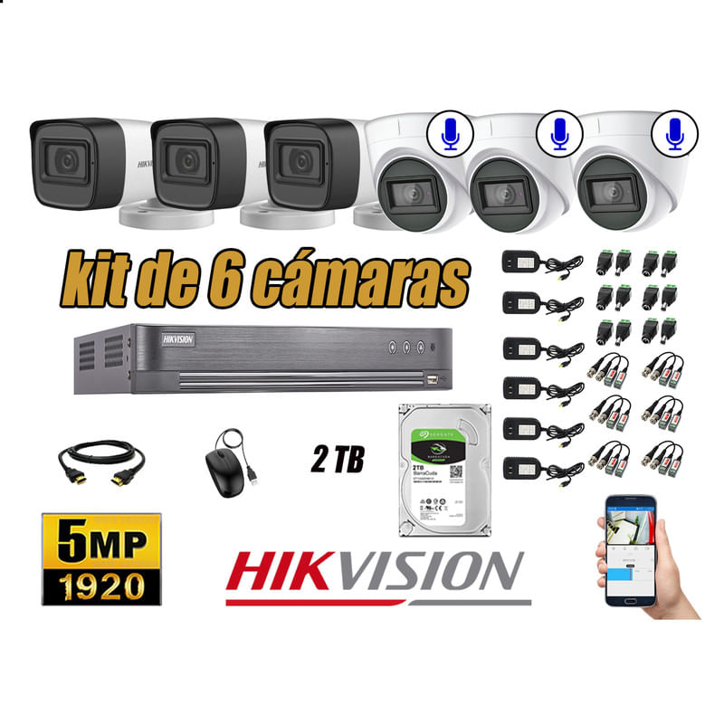 Kit 6 Cámaras de Seguridad Hikvision 5Mp 03 Cámaras Audio Incorporado