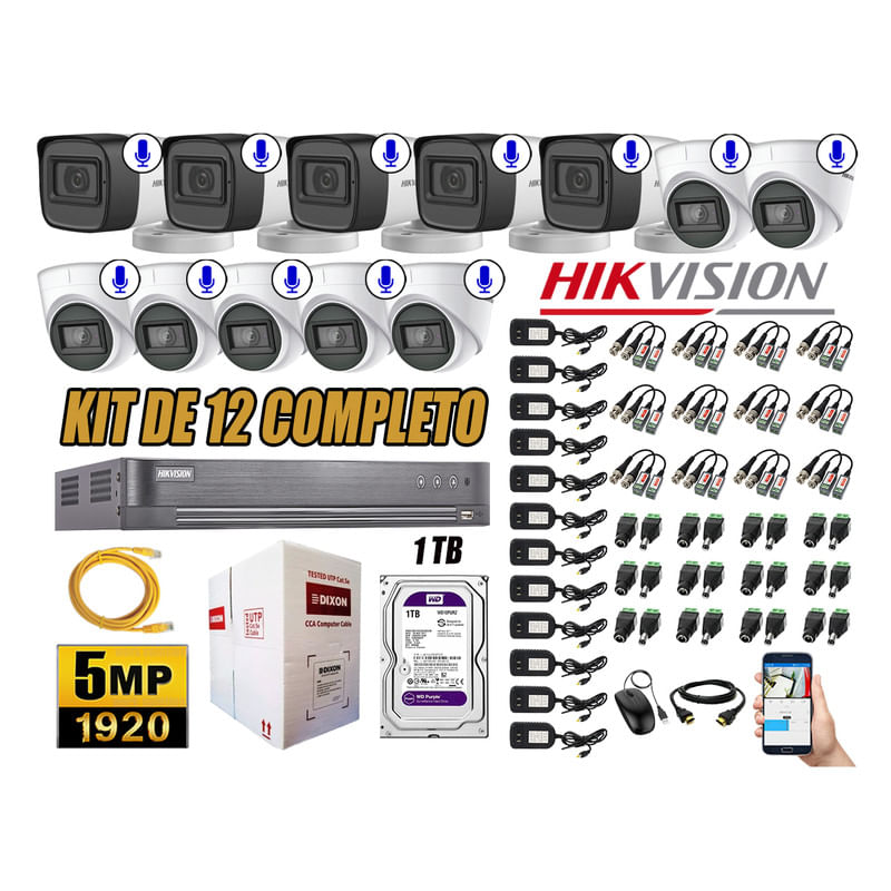 Kit 12 Cámaras de Seguridad Hikvision 5Mp Audio Incorporado Completo