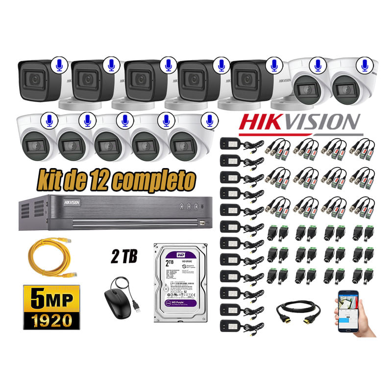 Kit 12 Cámaras de Seguridad Hikvision 5Mp Audio Incorporado Completo P2P