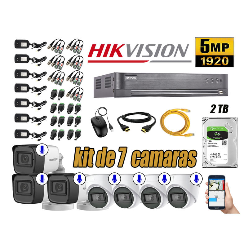Kit 7 Cámaras de Seguridad Hikvision 5Mp Audio Incorporado Hdmi Completo P2p