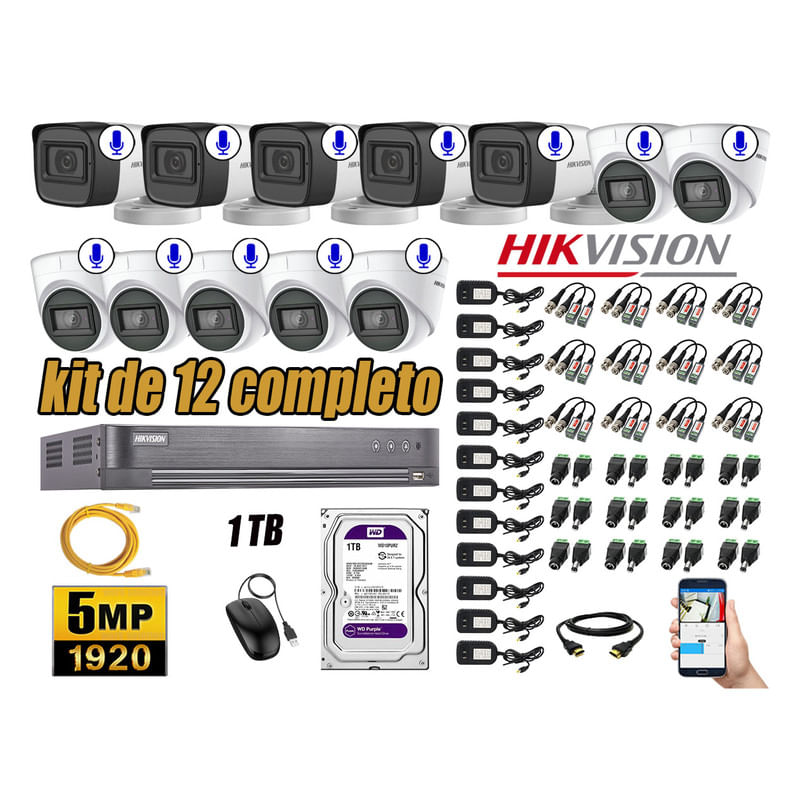Kit 12 Cámaras de Seguridad Hikvision 5Mp Audio Incorporado Hdmi Completo