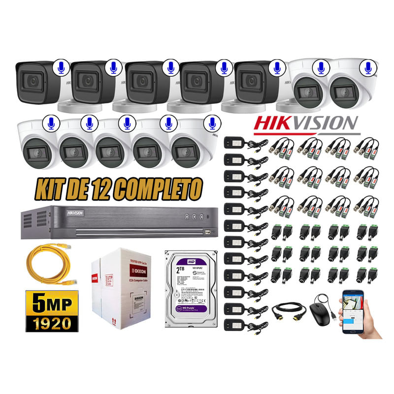 Kit 12 Cámaras de Seguridad Hikvision 5Mp P2p Audio Incorporado Completo