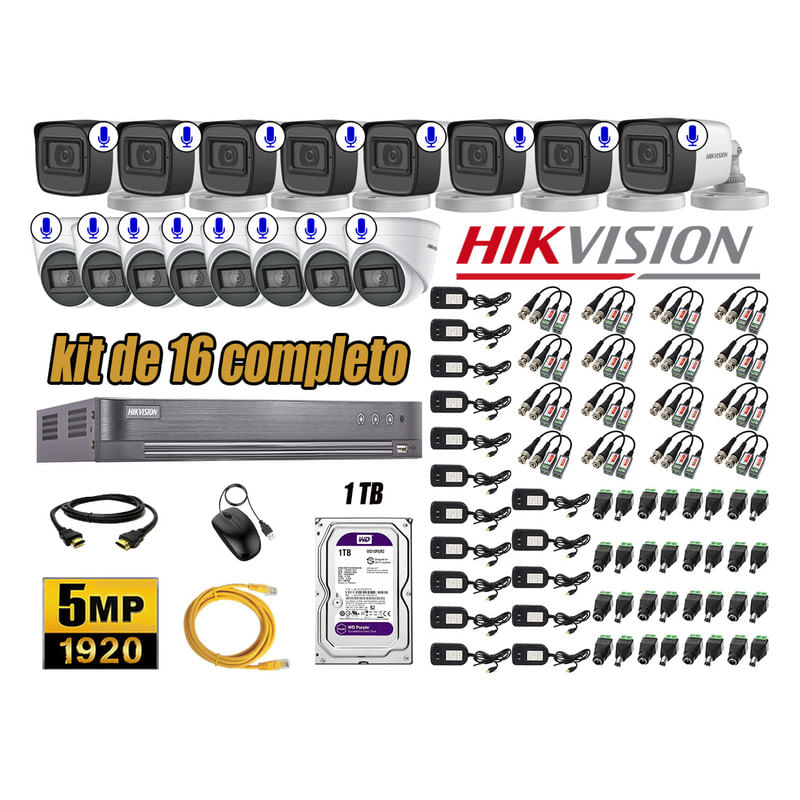 Kit 16 Cámaras de Seguridad Hikvision 5Mp Audio Incorporado Hdmi Completo