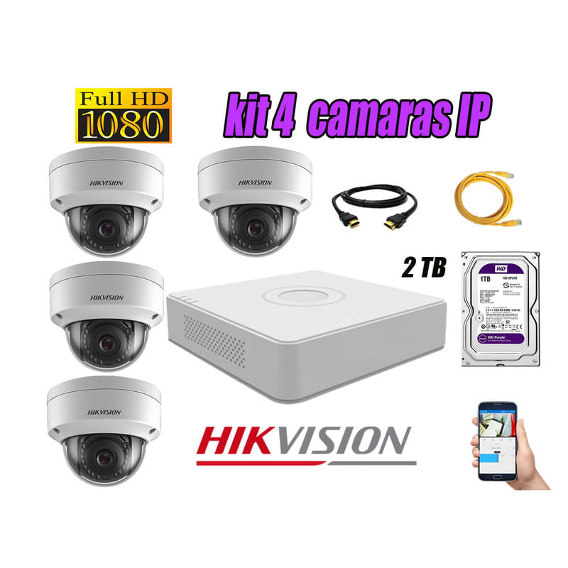 Kit 4 Cámaras de Seguridad Ip Poe Interior Hikvision mas Disco 2Tb Wd Púrpura