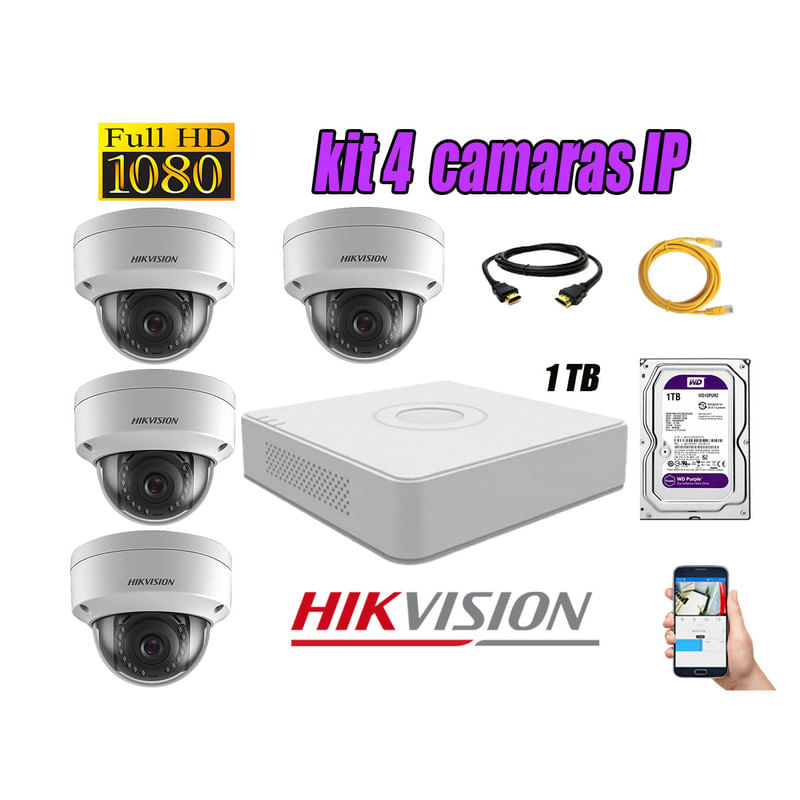 Kit 4 Cámaras de Seguridad Ip Poe Interior Hikvision mas Disco 1Tb Wd Púrpura