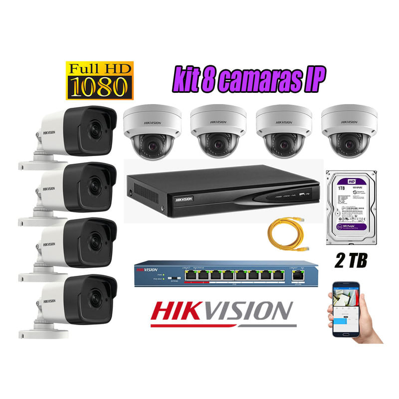 Kit 8 Cámaras de Seguridad Ip Hikvision mas Disco 2Tb Wd Púrpura