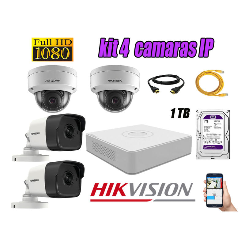 Kit 4 Cámaras de Seguridad Ip Poe Hikvision mas Disco 1Tb Wd Púrpura