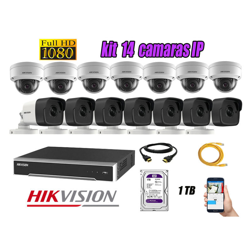 Kit 14 Cámaras de Seguridad Ip Poe Hikvision mas Disco 1Tb Wd Púrpura