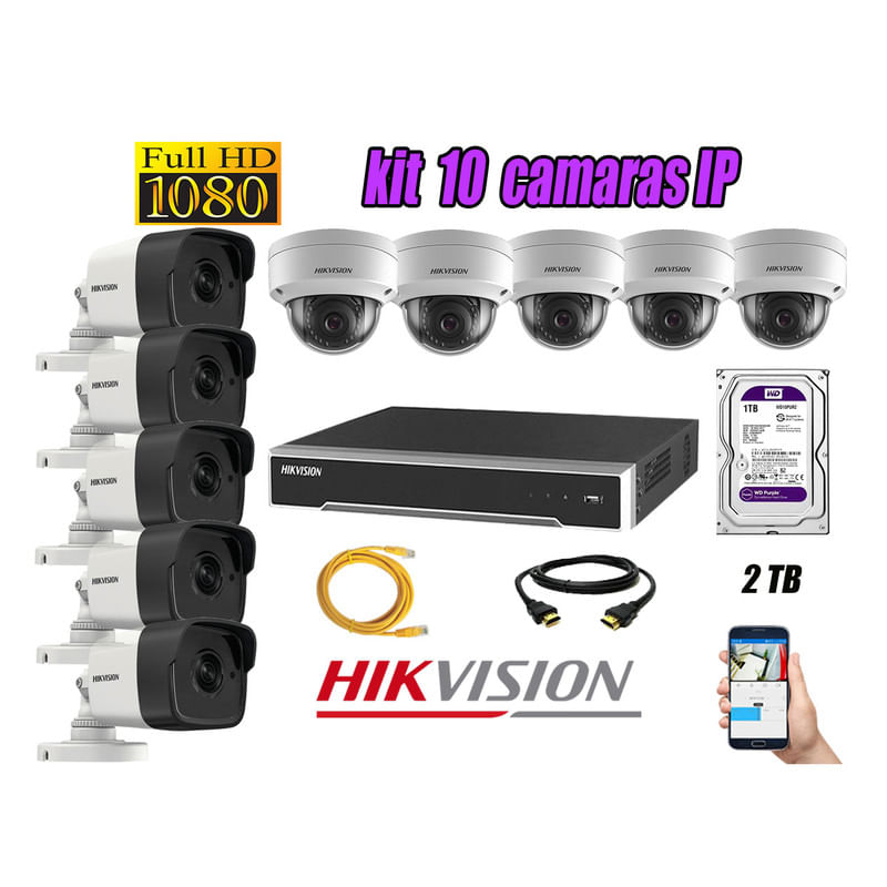 Kit 10 Cámaras de Seguridad Ip Poe Hikvision mas Disco 2Tb Wd Púrpura