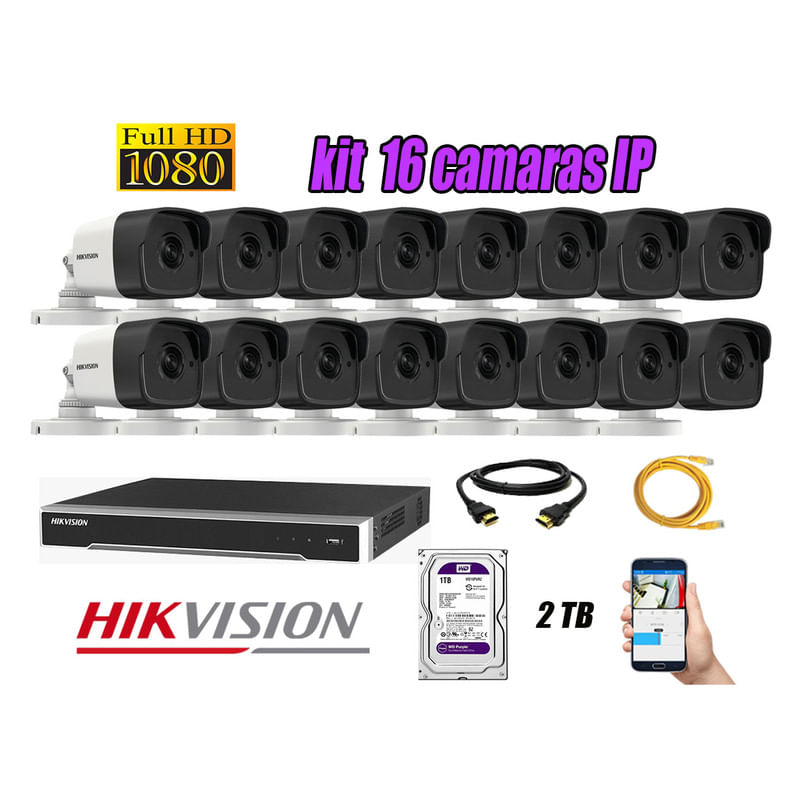 Kit 16 Cámaras de Seguridad Ip Poe Exterior Hikvision mas Disco 2Tb Wd Púrpura
